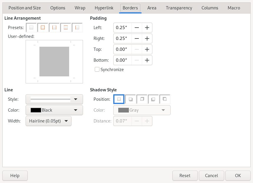 Screenshot of setting the frame borders