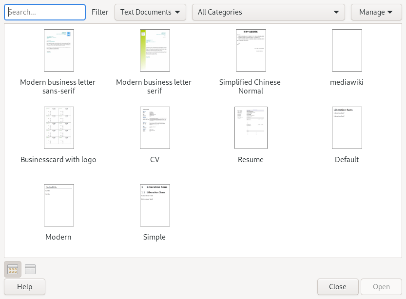 screenshot of starting a new template in LibreOffice