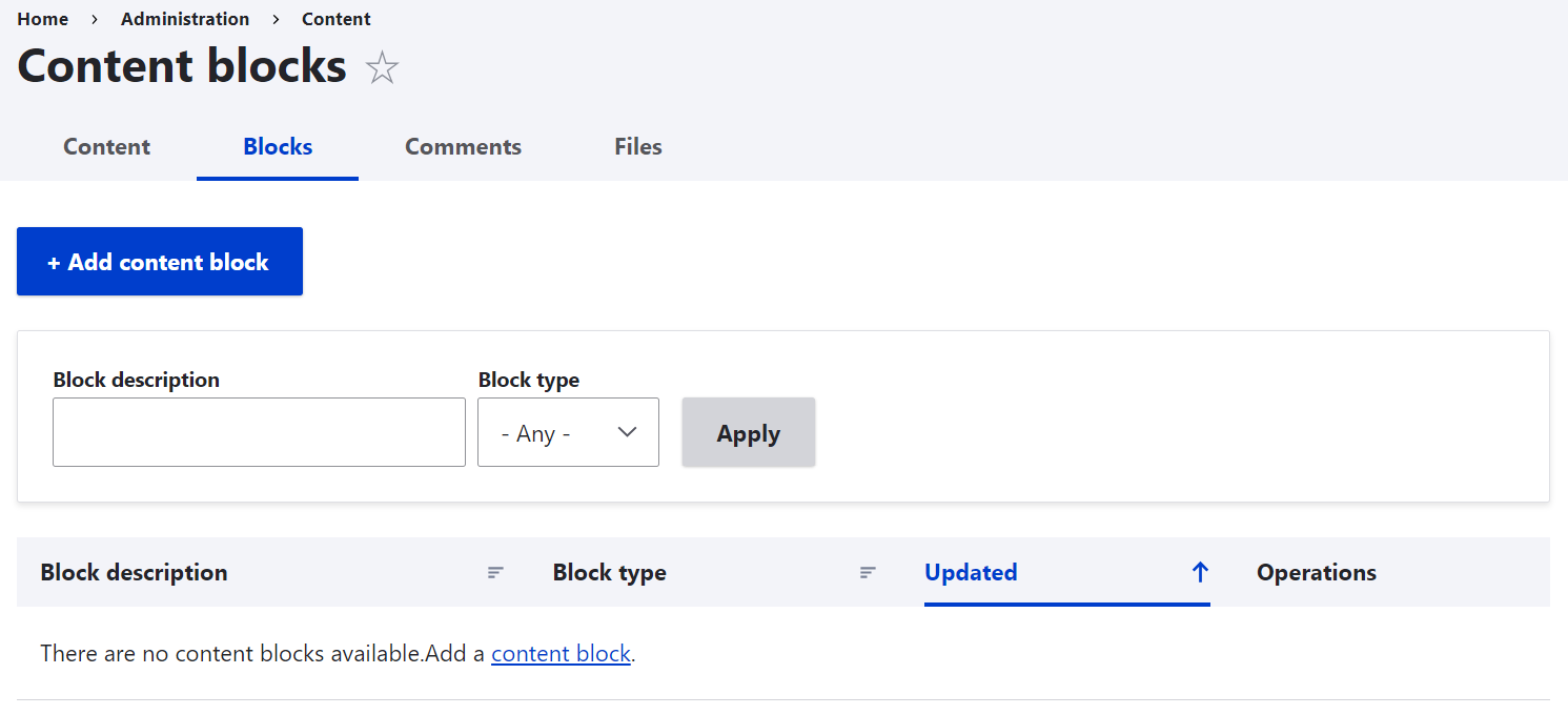 The new Block tab on the Content page in Drupal 10.1