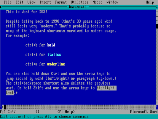 screenshot of Word for DOS