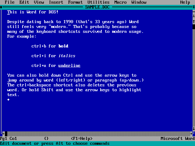 screenshot of Word for DOS