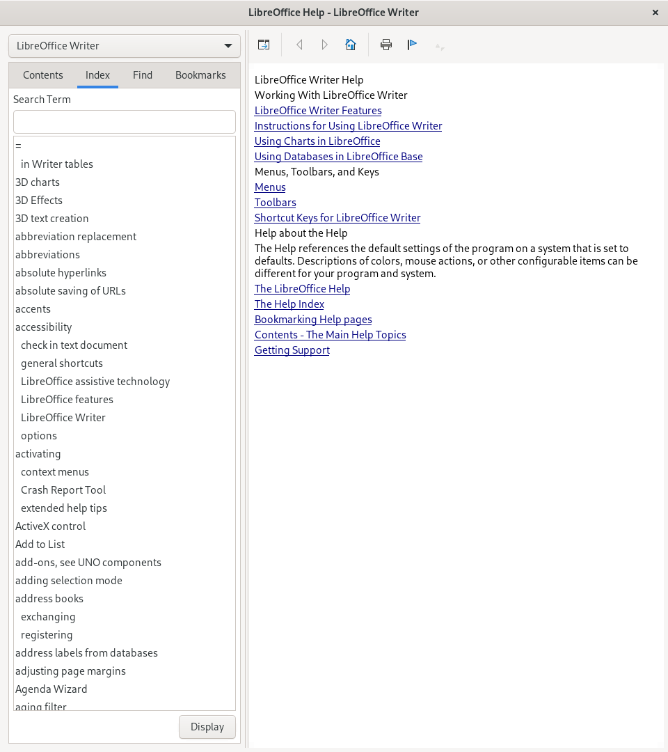 screenshot of LibreOffice Help on Fedora Linux