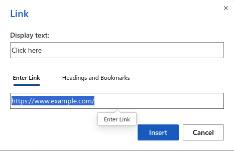 screenshot of adding a link in Microsoft Word