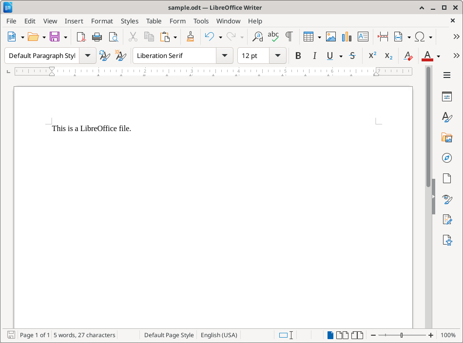 screenshot of LibreOffice Writer with a 1-line sample text