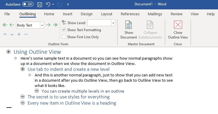Viewing the document in Outline View
