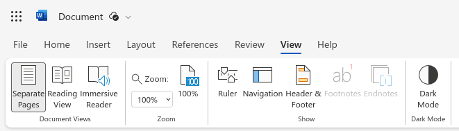 View menu in Word on the Web