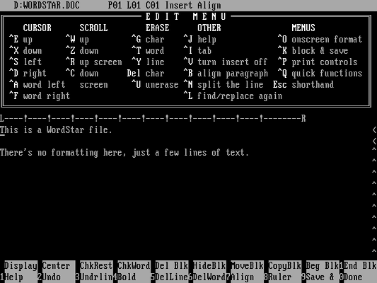 A sample WordStar 4.0 file with two lines of normal text