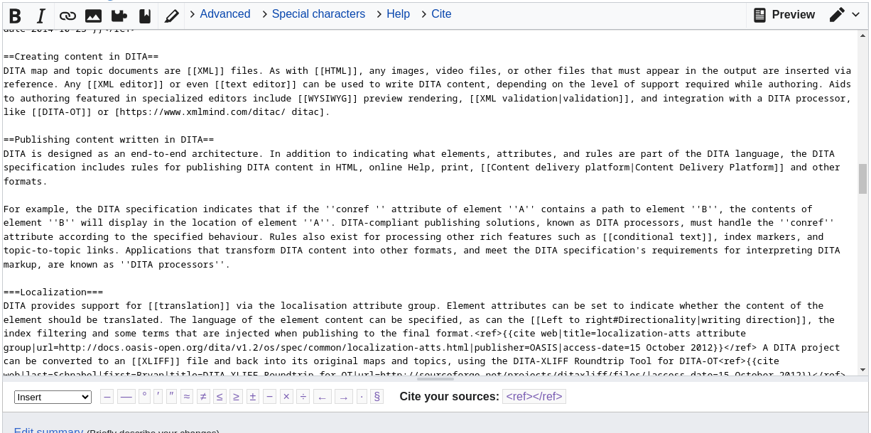 screenshot of editing the DITA page in Wikipedia