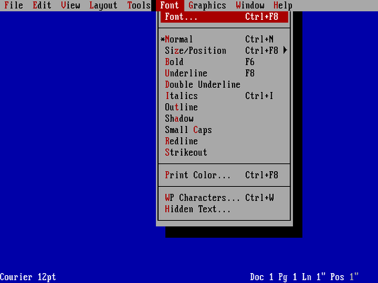 WordPerfect showing the font menu