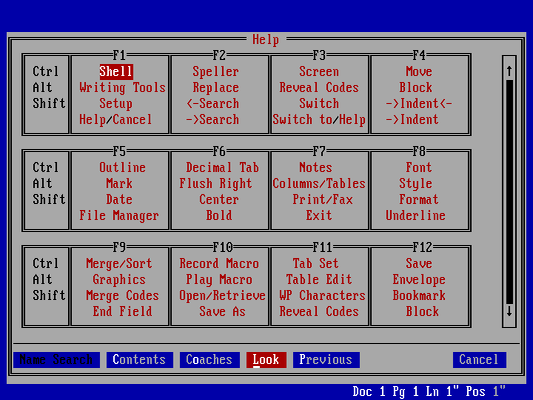 WordPerfect showing the keyboard template