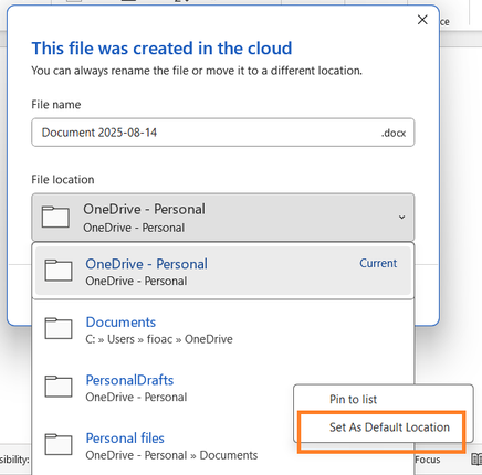 Setting a default 'Save' location in Word