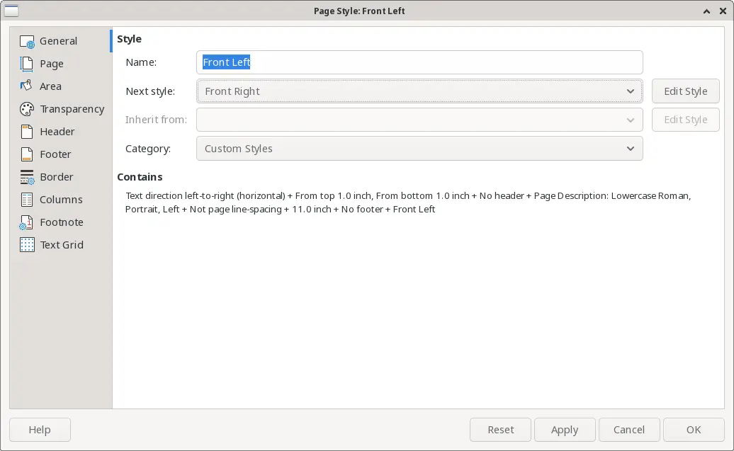 Creating the Front Left page style