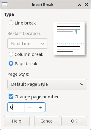 Set the new page number to 0