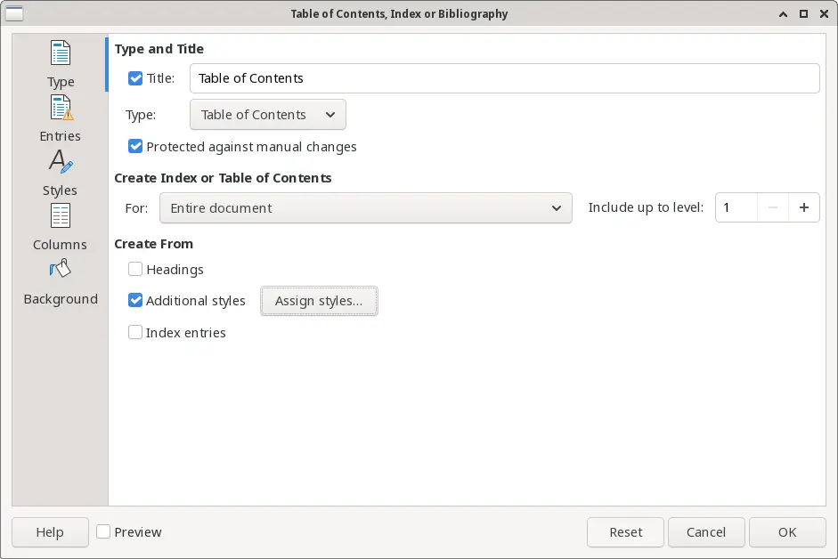 Inserting a new table of contents